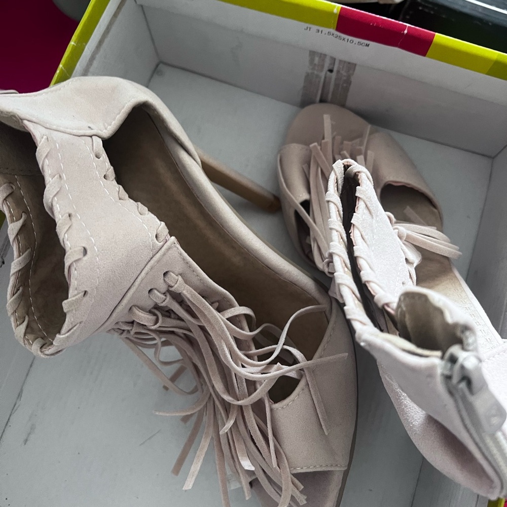 Cream Split-Sole Heels with Crisscross Laces